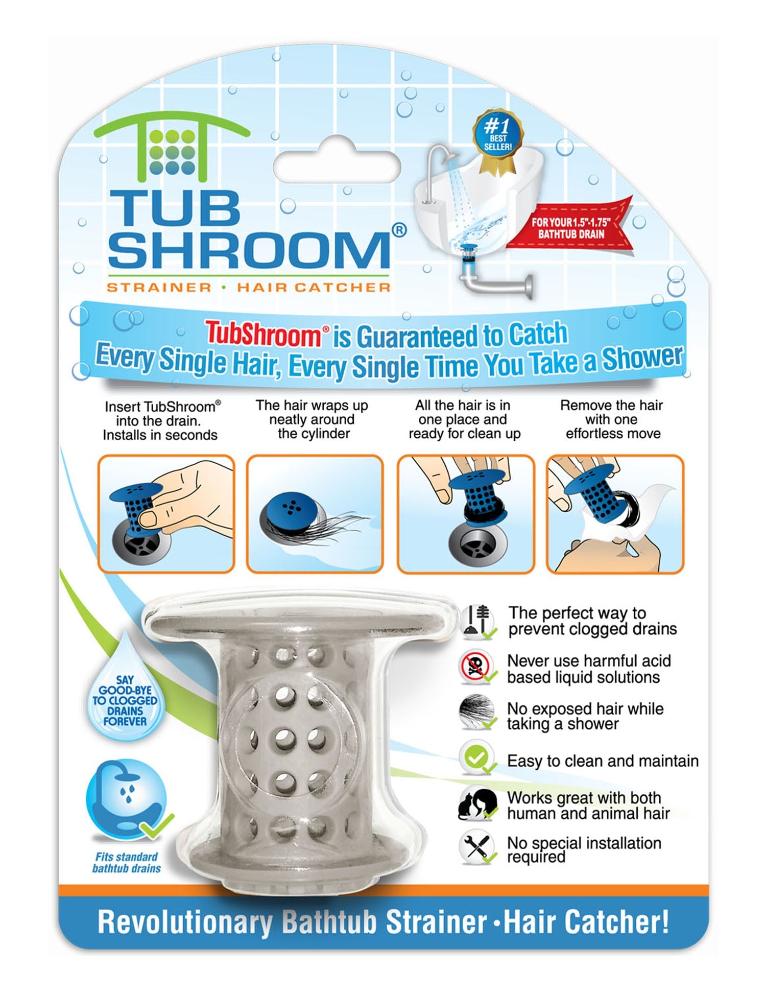 TubShroom Bathroom Hair Stopper, Gray